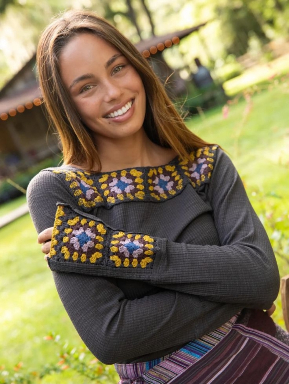 NWT Natural Life Charcoal Gray Hazel Crochet Granny Square Long Sleeve Shirt